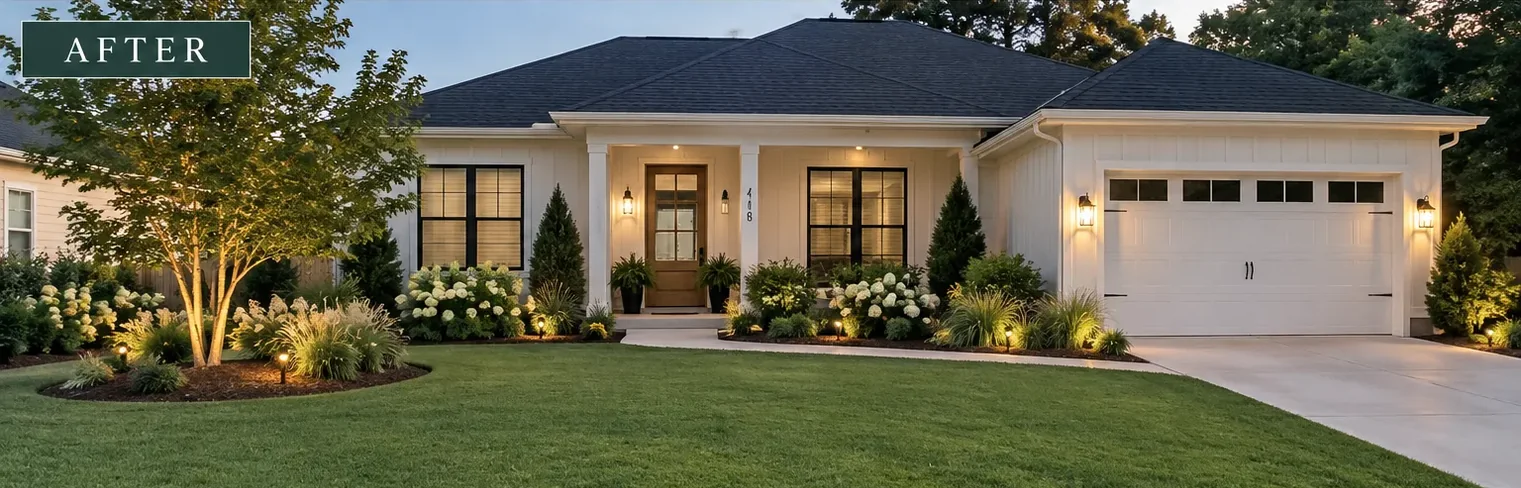 After: the same house with a lush green lawn, mulched beds full of hydrangeas and evergreens, and warm landscape lighting