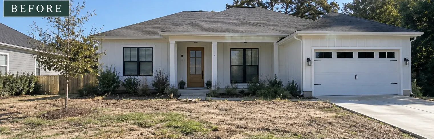 Before: a freshly renovated white house with a bare, patchy dirt yard and scraggly shrubs